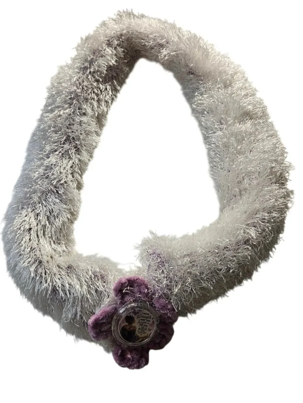 Handmade Faux Fur Crochet Boa Scarf Lavender Pain Awareness Brooch OOAK Botanica